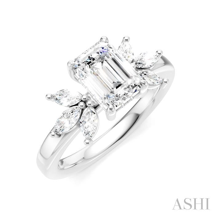 1/2 Ctw Emerald Shape Marquise and Round Cut Diamond Semi-Mount Engagement Ring in 14K White Gold