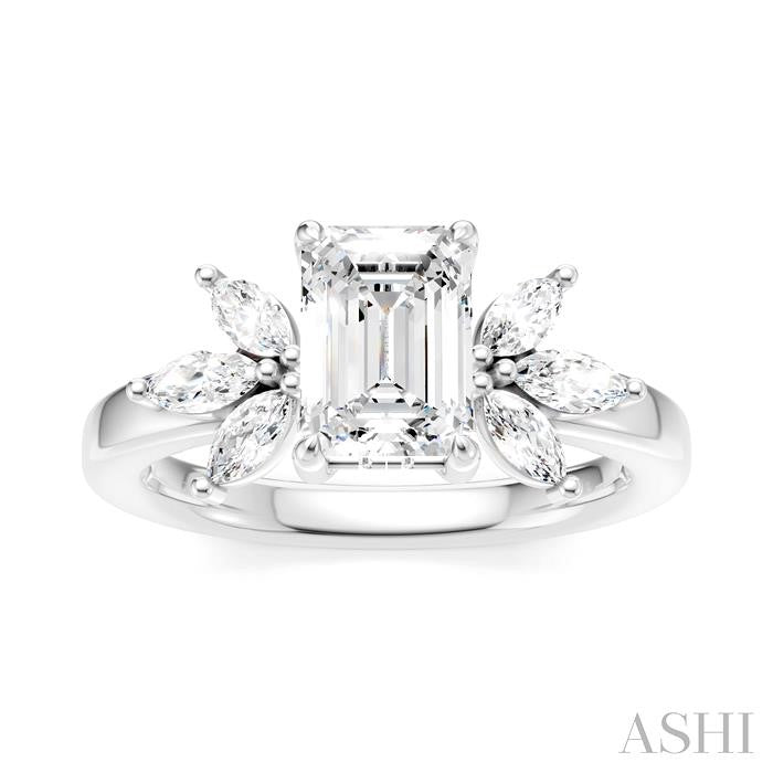 1/2 Ctw Emerald Shape Marquise and Round Cut Diamond Semi-Mount Engagement Ring in 14K White Gold