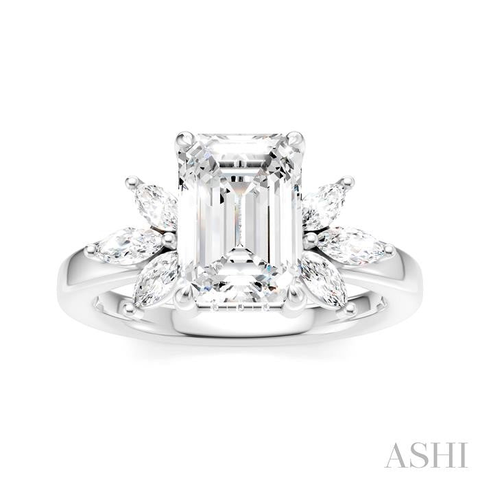 1/2 Ctw Emerald Shape Marquise and Round Cut Diamond Semi-Mount Engagement Ring in 14K White Gold