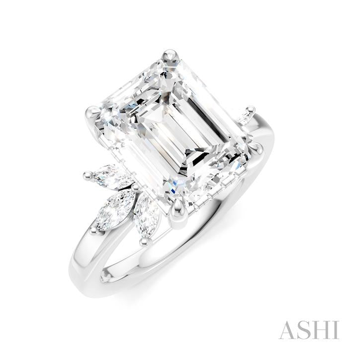 5/8 Ctw Emerald Shape Marquise and Round Cut Diamond Semi-Mount Engagement Ring in 14K White Gold