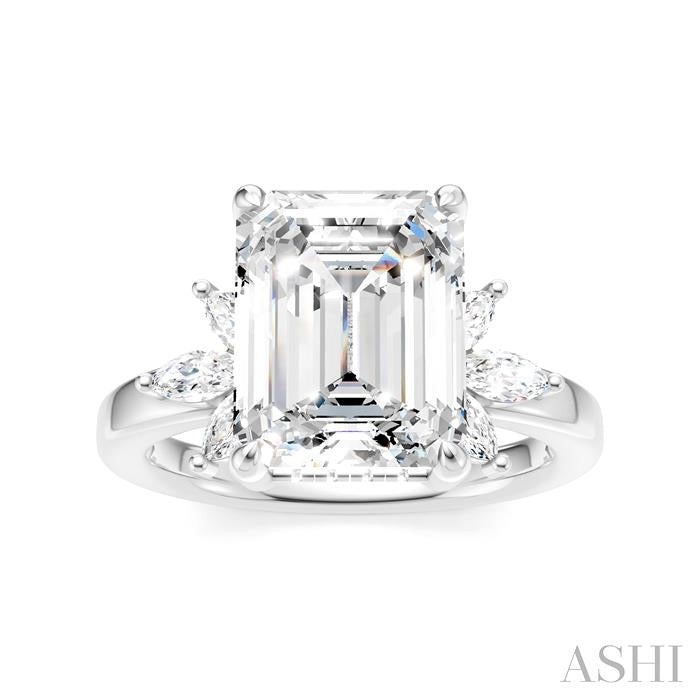 5/8 Ctw Emerald Shape Marquise and Round Cut Diamond Semi-Mount Engagement Ring in 14K White Gold
