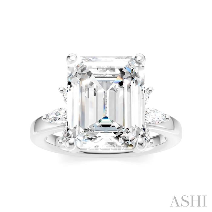 5/8 Ctw Emerald Shape Marquise and Round Cut Diamond Semi-Mount Engagement Ring in 14K White Gold