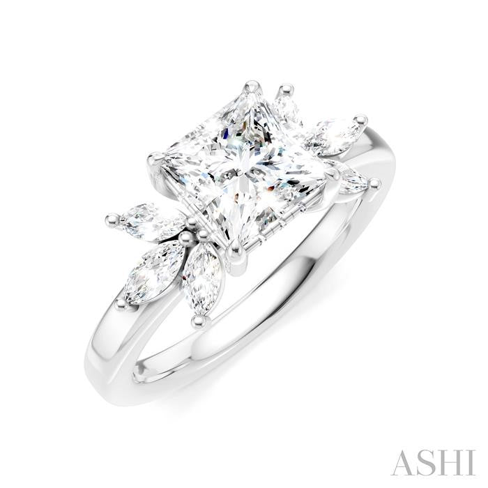 1/2 Ctw Akari Princess Shape Marquise and Round Cut Diamond Semi-Mount Engagement Ring in 14K White Gold