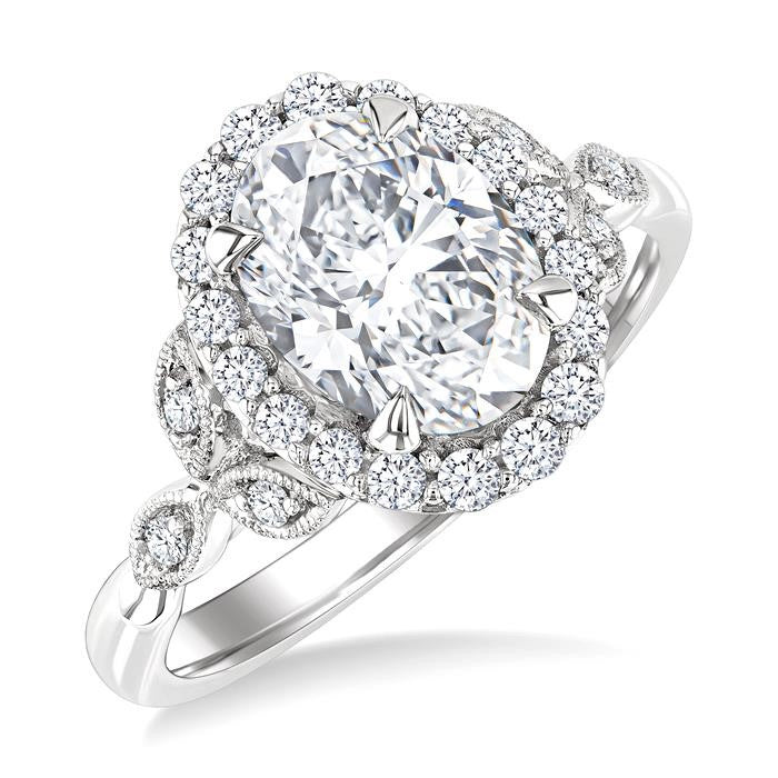 1/3 Ctw Oval Shape Carved Shank Round Cut Diamond Semi-Mount Engagement Ring in 14K White Gold