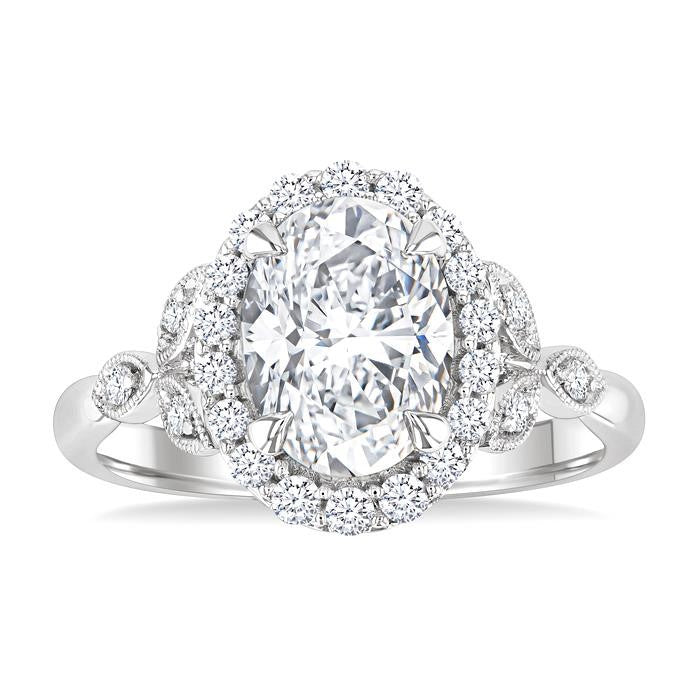 1/3 Ctw Oval Shape Carved Shank Round Cut Diamond Semi-Mount Engagement Ring in 14K White Gold