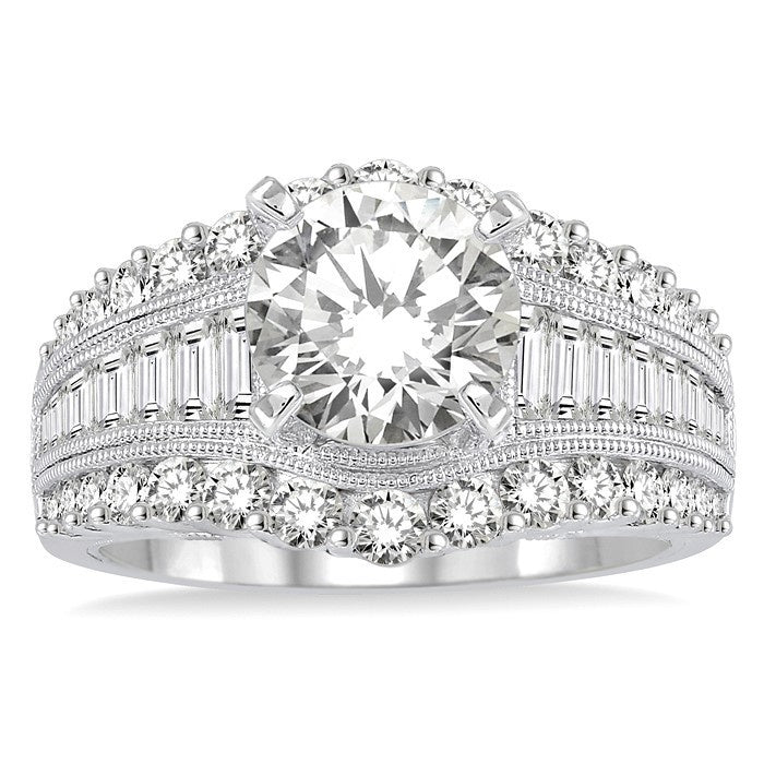 1 1/2 Ctw Baguette and Round Cut Diamond Round Shape Semi-Mount Engagement Ring in 14K White Gold