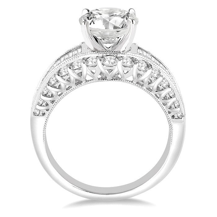 1 1/2 Ctw Baguette and Round Cut Diamond Round Shape Semi-Mount Engagement Ring in 14K White Gold