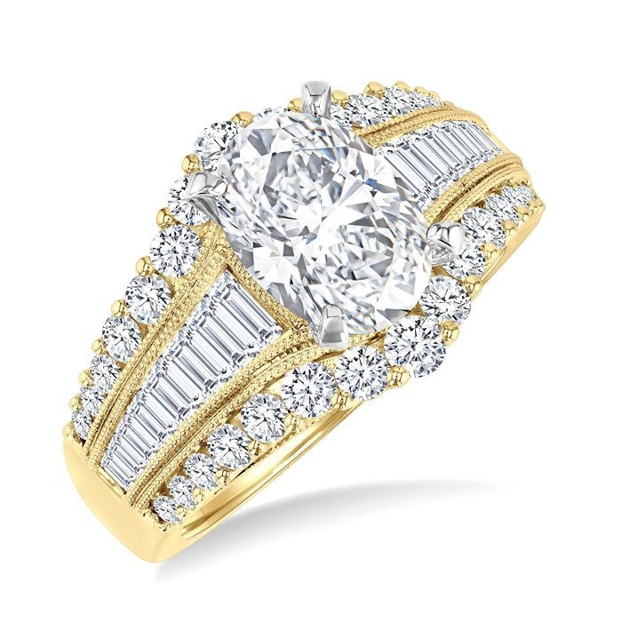 1 1/2 Ctw Baguette and Round Cut Diamond Oval Shape Semi-Mount Engagement Ring in 14K Yellow and White Gold