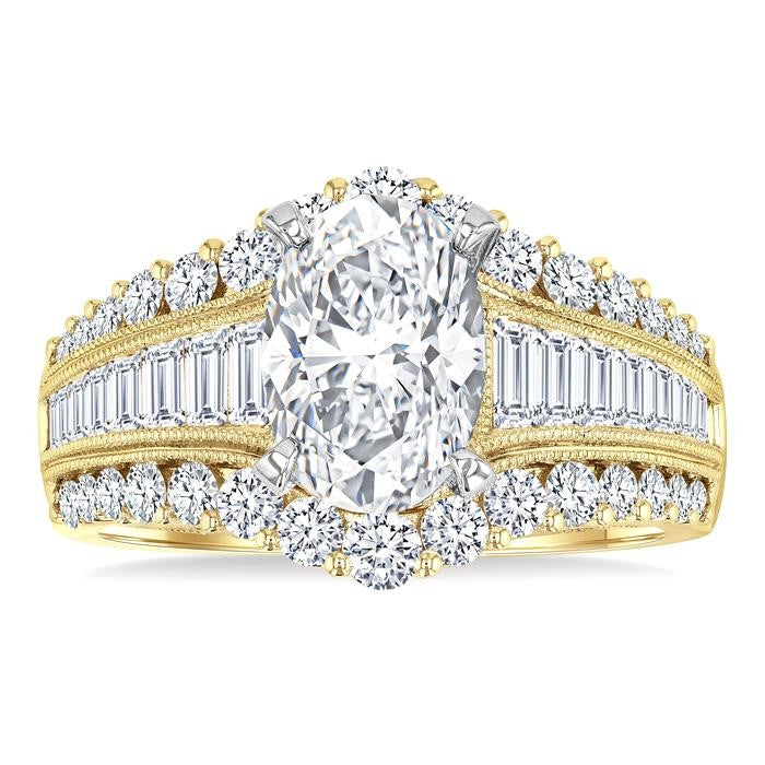1 1/2 Ctw Baguette and Round Cut Diamond Oval Shape Semi-Mount Engagement Ring in 14K Yellow and White Gold