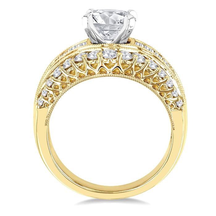 1 1/2 Ctw Baguette and Round Cut Diamond Oval Shape Semi-Mount Engagement Ring in 14K Yellow and White Gold