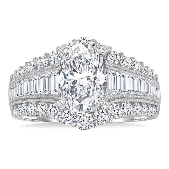 1 1/2 Ctw Baguette and Round Cut Diamond Oval Shape Semi-Mount Engagement Ring in 14K White Gold