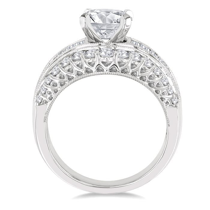 1 1/2 Ctw Baguette and Round Cut Diamond Oval Shape Semi-Mount Engagement Ring in 14K White Gold