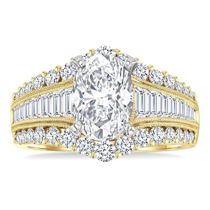 1 1/2 Ctw Baguette and Round Cut Diamond Oval Shape Semi-Mount Engagement Ring in 14K Yellow and White Gold