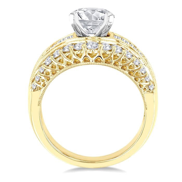 1 1/2 Ctw Baguette and Round Cut Diamond Oval Shape Semi-Mount Engagement Ring in 14K Yellow and White Gold