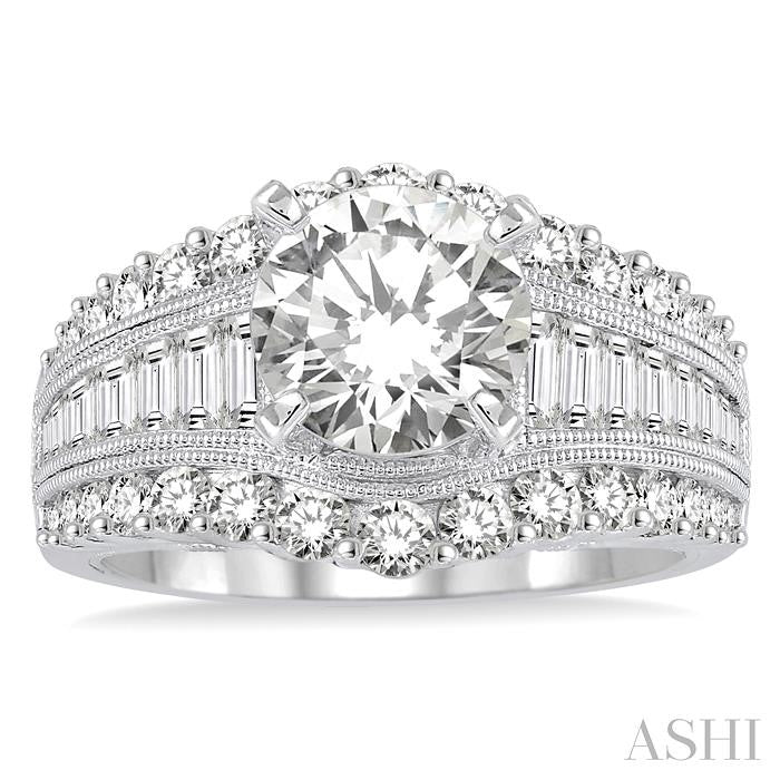 1 1/2 Ctw Baguette and Round Cut Diamond Round Shape Semi-Mount Engagement Ring in 14K White Gold