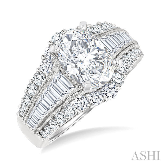 1 1/2 Ctw Baguette and Round Cut Diamond Oval Shape Semi-Mount Engagement Ring in 14K White Gold