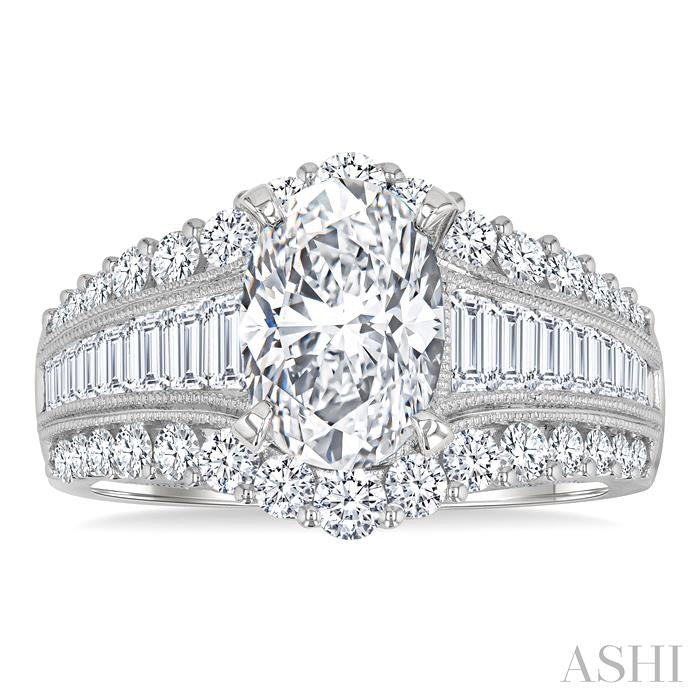1 1/2 Ctw Baguette and Round Cut Diamond Oval Shape Semi-Mount Engagement Ring in 14K White Gold