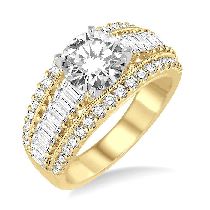 1 1/3 Ctw Baguette and Round Cut Diamond Semi-Mount Engagement Ring in 14K Yellow and White Gold