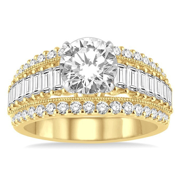1 1/3 Ctw Baguette and Round Cut Diamond Semi-Mount Engagement Ring in 14K Yellow and White Gold