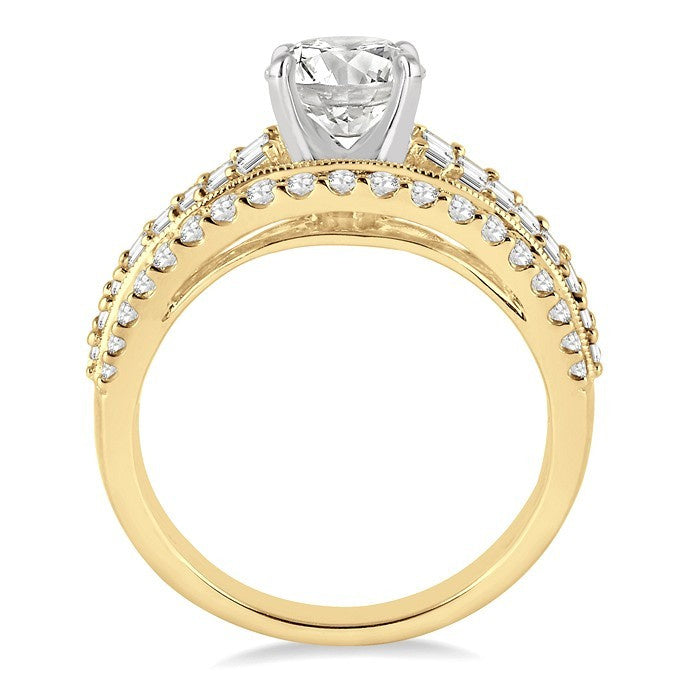 1 1/3 Ctw Baguette and Round Cut Diamond Semi-Mount Engagement Ring in 14K Yellow and White Gold