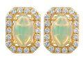 10K Yellow Gold Emerald Shape Halo Studs Earrings Diamond and Opal 1.54 Ctw