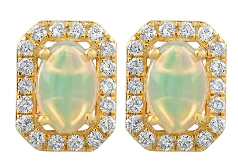 10K Yellow Gold Emerald Shape Halo Studs Earrings Diamond and Opal 1.54 Ctw