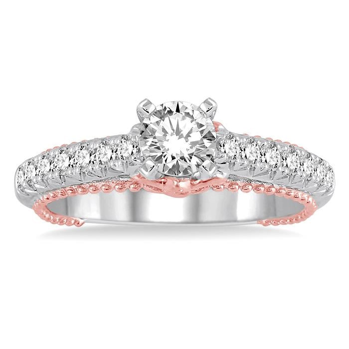 7/8 Ctw Diamond Engagement Ring with 1/2 Ct Round Cut Center Stone in 14K White and Rose Gold