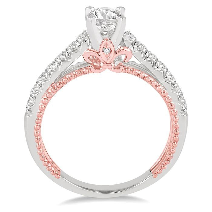 7/8 Ctw Diamond Engagement Ring with 1/2 Ct Round Cut Center Stone in 14K White and Rose Gold