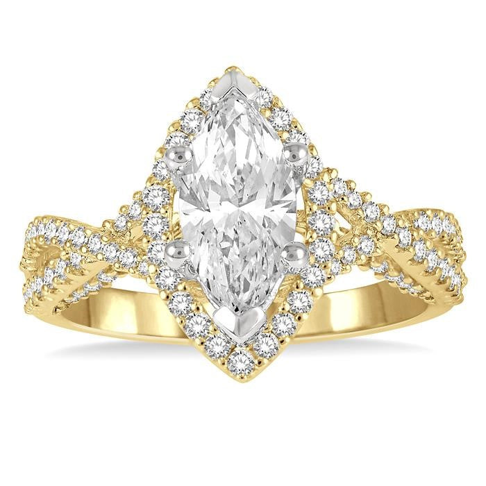 5/8 Ctw Marquise Shape Criss Cross Shank Round Cut Diamond Semi-Mount Engagement Ring in 14K Yellow and White Gold