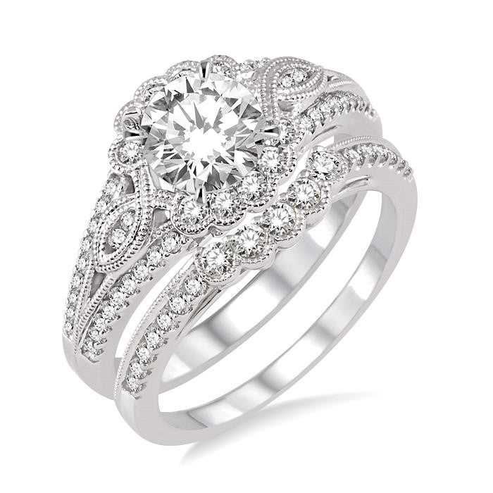 1 1/2 Ctw Diamond Wedding Set with 1 1/6 Ctw Round Cut Engagement Ring and 1/3 Ctw Wedding Band in 14K White Gold