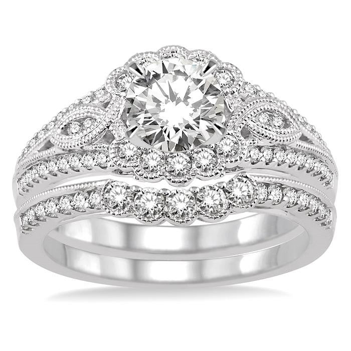 1 1/2 Ctw Diamond Wedding Set with 1 1/6 Ctw Round Cut Engagement Ring and 1/3 Ctw Wedding Band in 14K White Gold