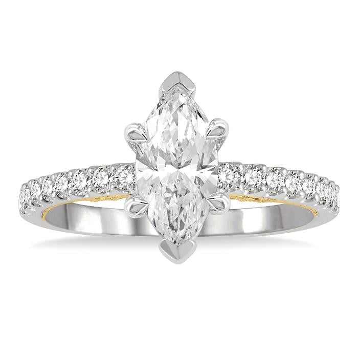 1/4 Ctw Marquise Shape Round Cut Diamond Semi-Mount Engagement Ring in 14K White and Yellow Gold