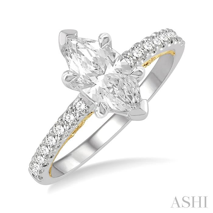 1/4 Ctw Marquise Shape Round Cut Diamond Semi-Mount Engagement Ring in 14K White and Yellow Gold