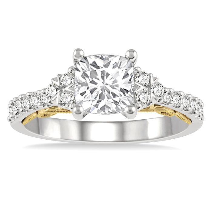 1/3 Ctw Cushion Shape Tri Mount Round Cut Diamond Semi-Mount Engagement Ring in 14K White and Yellow Gold
