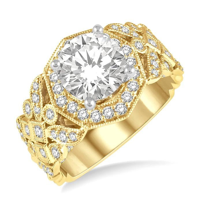 3/4 Ctw Lattice Wide Shank Round Cut Diamond Semi-Mount Engagement Ring in 14K Yellow and White Gold