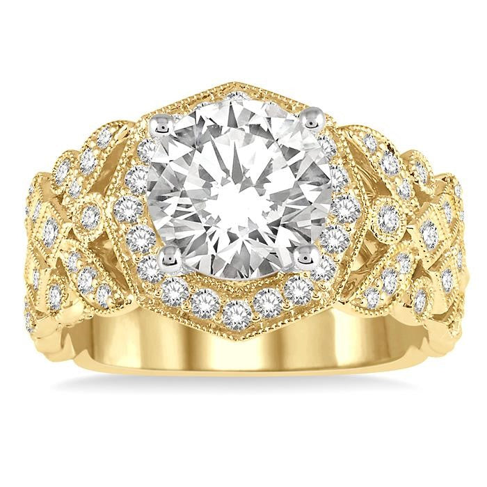 3/4 Ctw Lattice Wide Shank Round Cut Diamond Semi-Mount Engagement Ring in 14K Yellow and White Gold