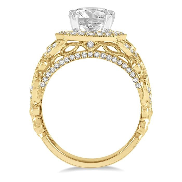 3/4 Ctw Lattice Wide Shank Round Cut Diamond Semi-Mount Engagement Ring in 14K Yellow and White Gold