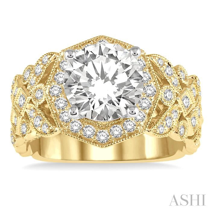 3/4 Ctw Lattice Wide Shank Round Cut Diamond Semi-Mount Engagement Ring in 14K Yellow and White Gold