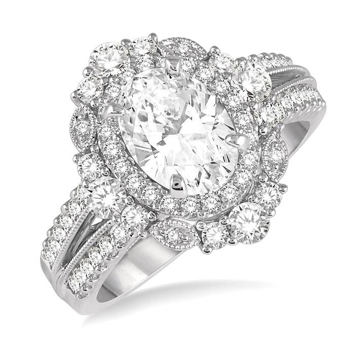 7/8 Ctw Oval Round Cut Diamond Semi-Mount Engagement Ring in 14K White Gold