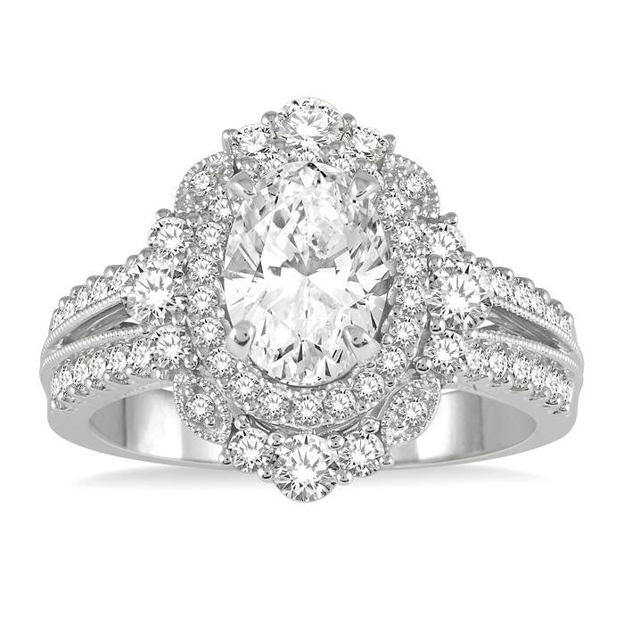 7/8 Ctw Oval Round Cut Diamond Semi-Mount Engagement Ring in 14K White Gold