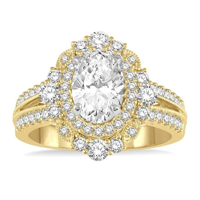 7/8 Ctw Oval Round Cut Diamond Semi-Mount Engagement Ring in 14K Yellow and White Gold