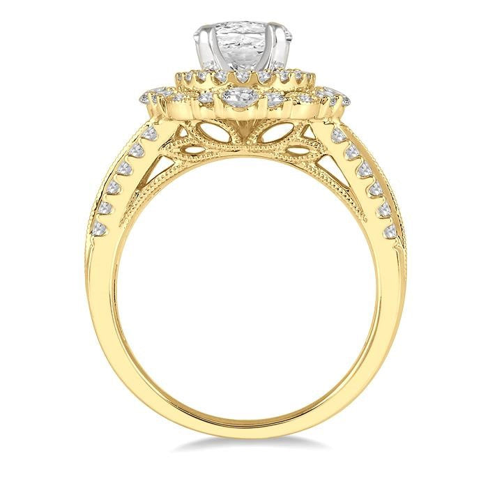 7/8 Ctw Oval Round Cut Diamond Semi-Mount Engagement Ring in 14K Yellow and White Gold