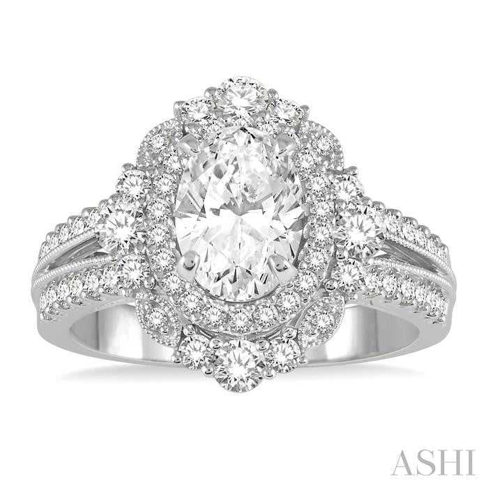 7/8 Ctw Oval Round Cut Diamond Semi-Mount Engagement Ring in 14K White Gold