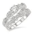 3/8 Ctw Leaf Lattice Diamond Wedding Set With 1/3 Ctw Round Cut Engagement Ring and 1/20 Ctw Wedding Band in 14K White Gold