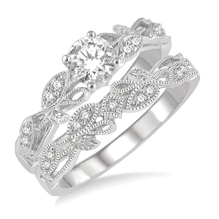 3/8 Ctw Leaf Lattice Diamond Wedding Set With 1/3 Ctw Round Cut Engagement Ring and 1/20 Ctw Wedding Band in 14K White Gold
