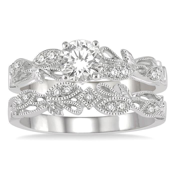 3/8 Ctw Leaf Lattice Diamond Wedding Set With 1/3 Ctw Round Cut Engagement Ring and 1/20 Ctw Wedding Band in 14K White Gold
