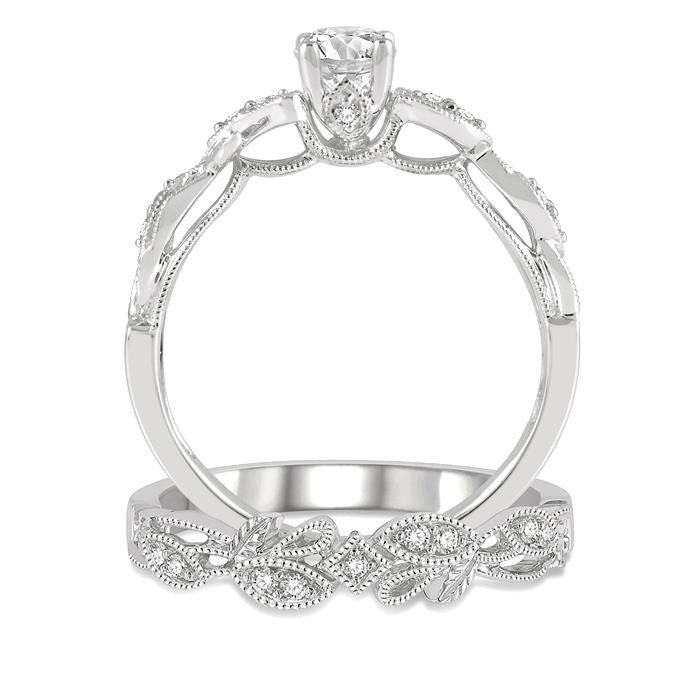 3/8 Ctw Leaf Lattice Diamond Wedding Set With 1/3 Ctw Round Cut Engagement Ring and 1/20 Ctw Wedding Band in 14K White Gold
