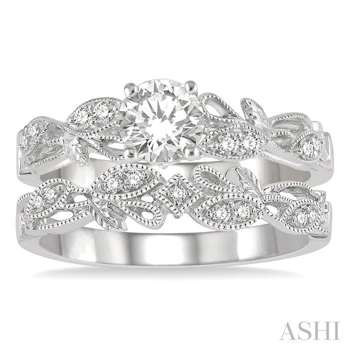 3/8 Ctw Leaf Lattice Diamond Wedding Set With 1/3 Ctw Round Cut Engagement Ring and 1/20 Ctw Wedding Band in 14K White Gold