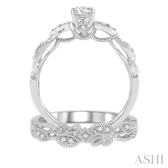 3/8 Ctw Leaf Lattice Diamond Wedding Set With 1/3 Ctw Round Cut Engagement Ring and 1/20 Ctw Wedding Band in 14K White Gold