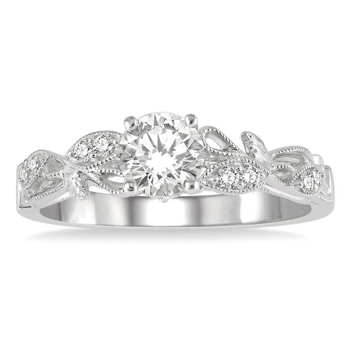 1/3 Ctw Leaf Criss Cross Shank Round Cut Diamond Engagement Ring with 1/4 Ct Round Cut Center Stone in 14K White Gold